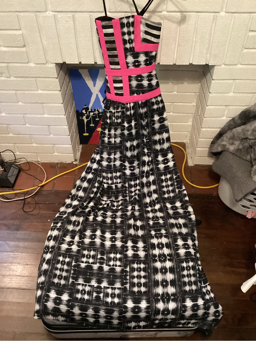 BCBGMaxAzria Black & White Patterned Strapless Maxi Dress with Pink Accents